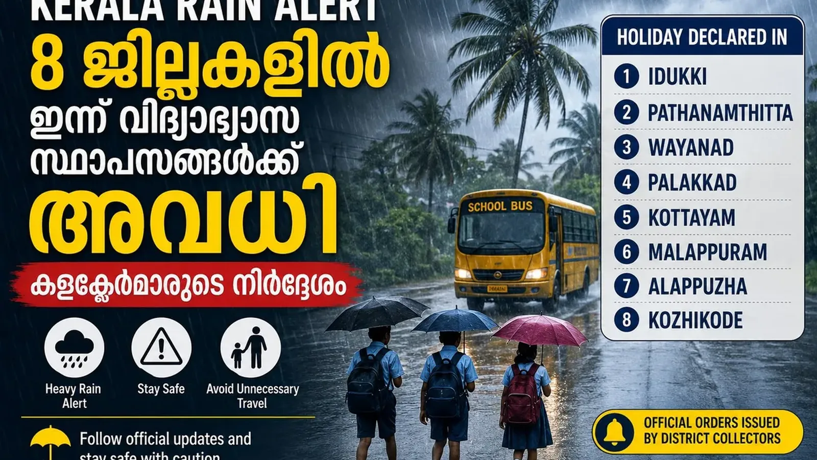 Kerala Rain Alert: 8 ജില്ലകളിൽ ഇന്ന് വിദ്യാഭ്യാസ സ്ഥാപനങ്ങൾക്ക് അവധി; കളക്ടർമാരുടെ നിർദേശം
