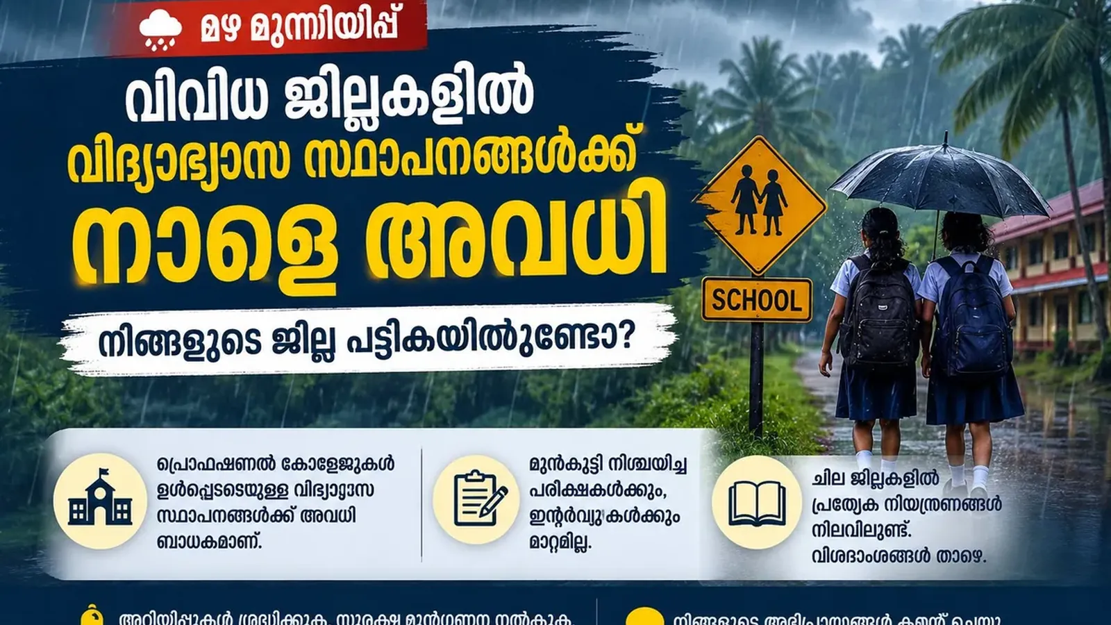 സംസ്ഥാനത്ത് നാളെ വിവിധ ജില്ലകളിൽ അവധി പ്രഖ്യാപിച്ചു; അറിയാം വിശദമായി..