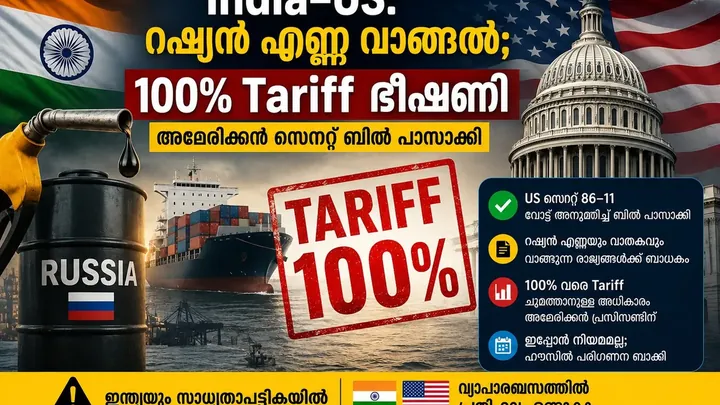 India–US: റഷ്യൻ എണ്ണ വാങ്ങൽ; 100% Tariff ഭീഷണി