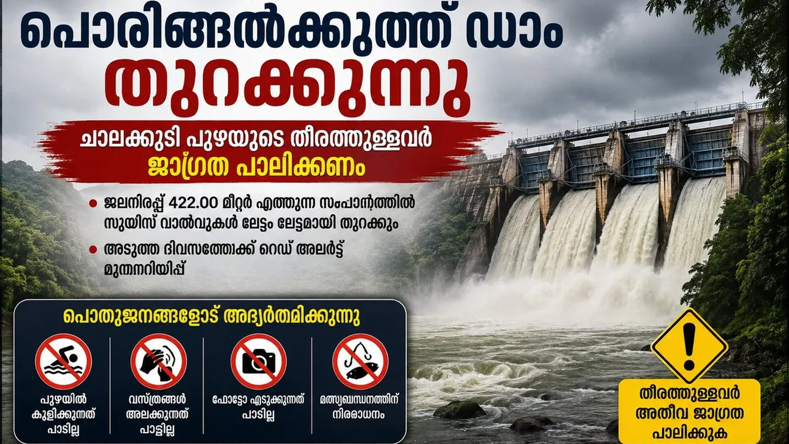 Poringalkuthu Dam: പൊരിങ്ങല്‍ക്കുത്ത് ഡാം തുറക്കാൻ അനുമതി; ചാലക്കുടി പുഴ തീരത്ത് ജാഗ്രതാ നിർദേശം
