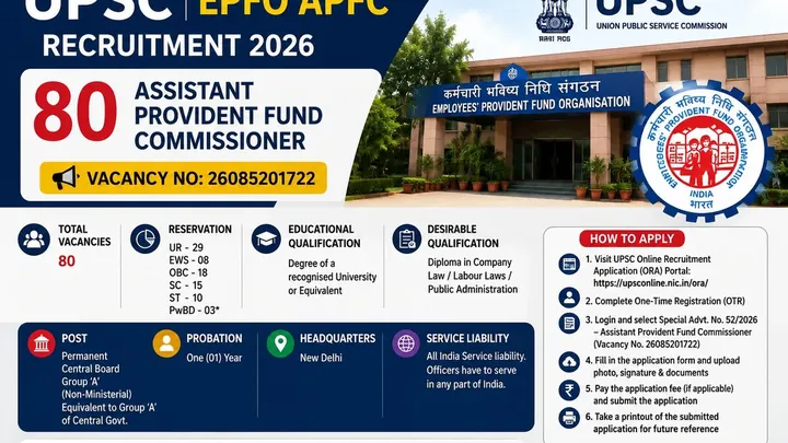UPSC EPFO APFC Recruitment 2026: 80 ഒഴിവുകൾ, അപേക്ഷ സെപ്റ്റംബർ 11 വരെ