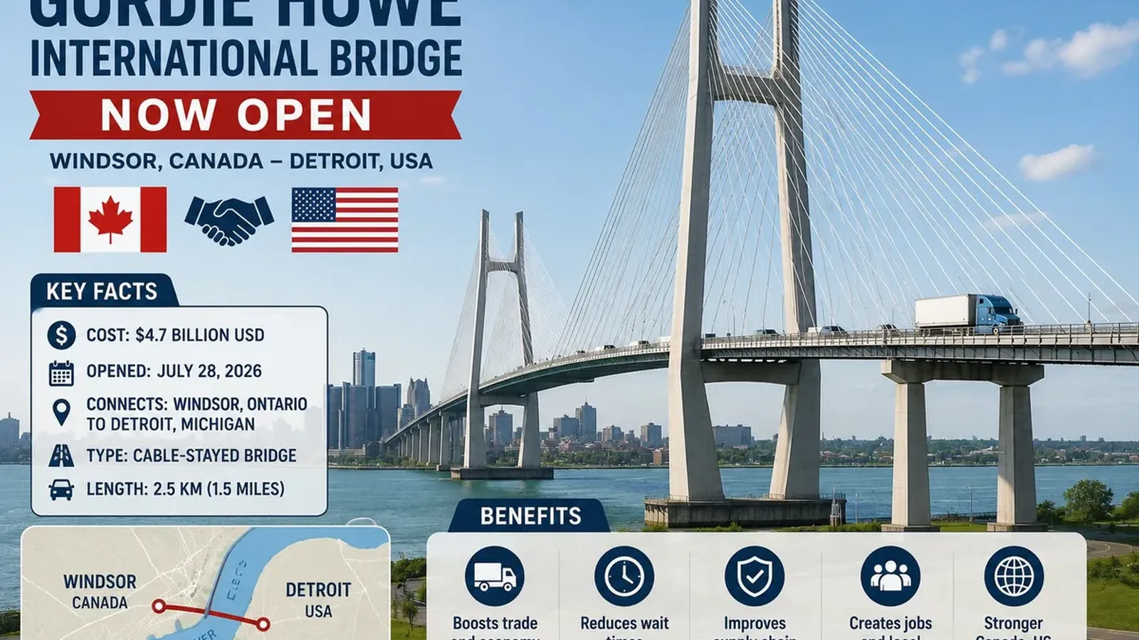 Canada–US Link: Gordie Howe Bridge തുറന്ന് വ്യാപാരത്തിന് വേഗം